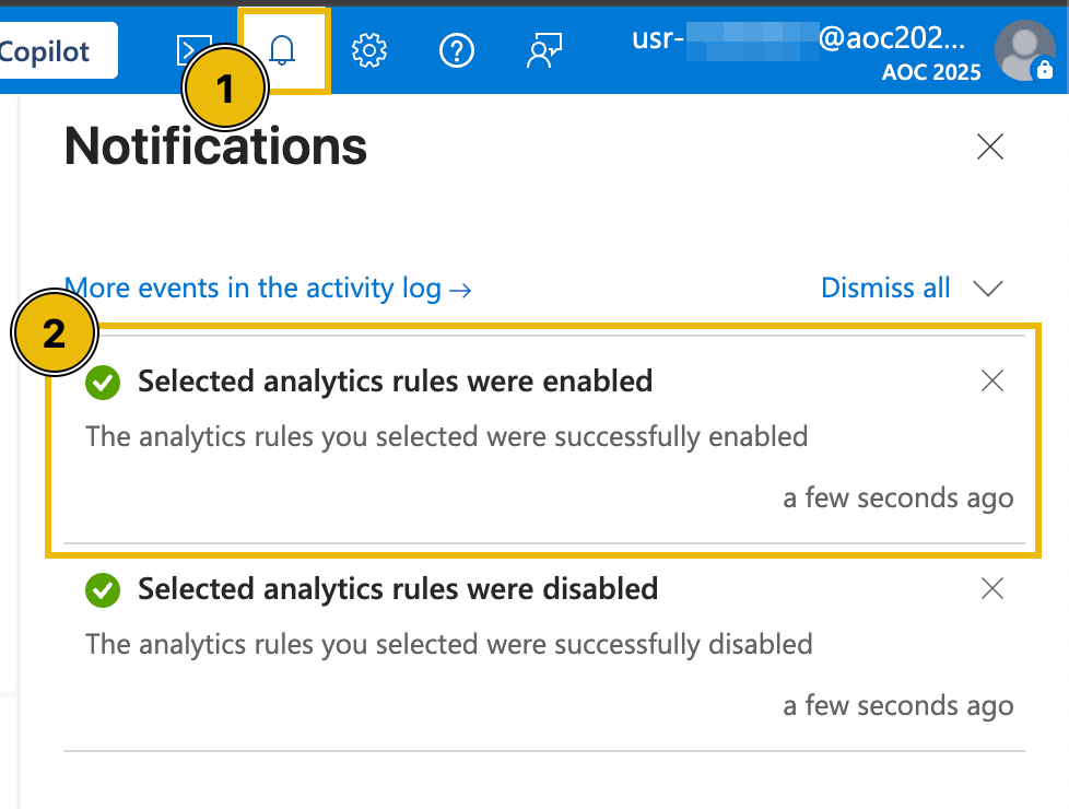 Azure notification for enabling alerts.