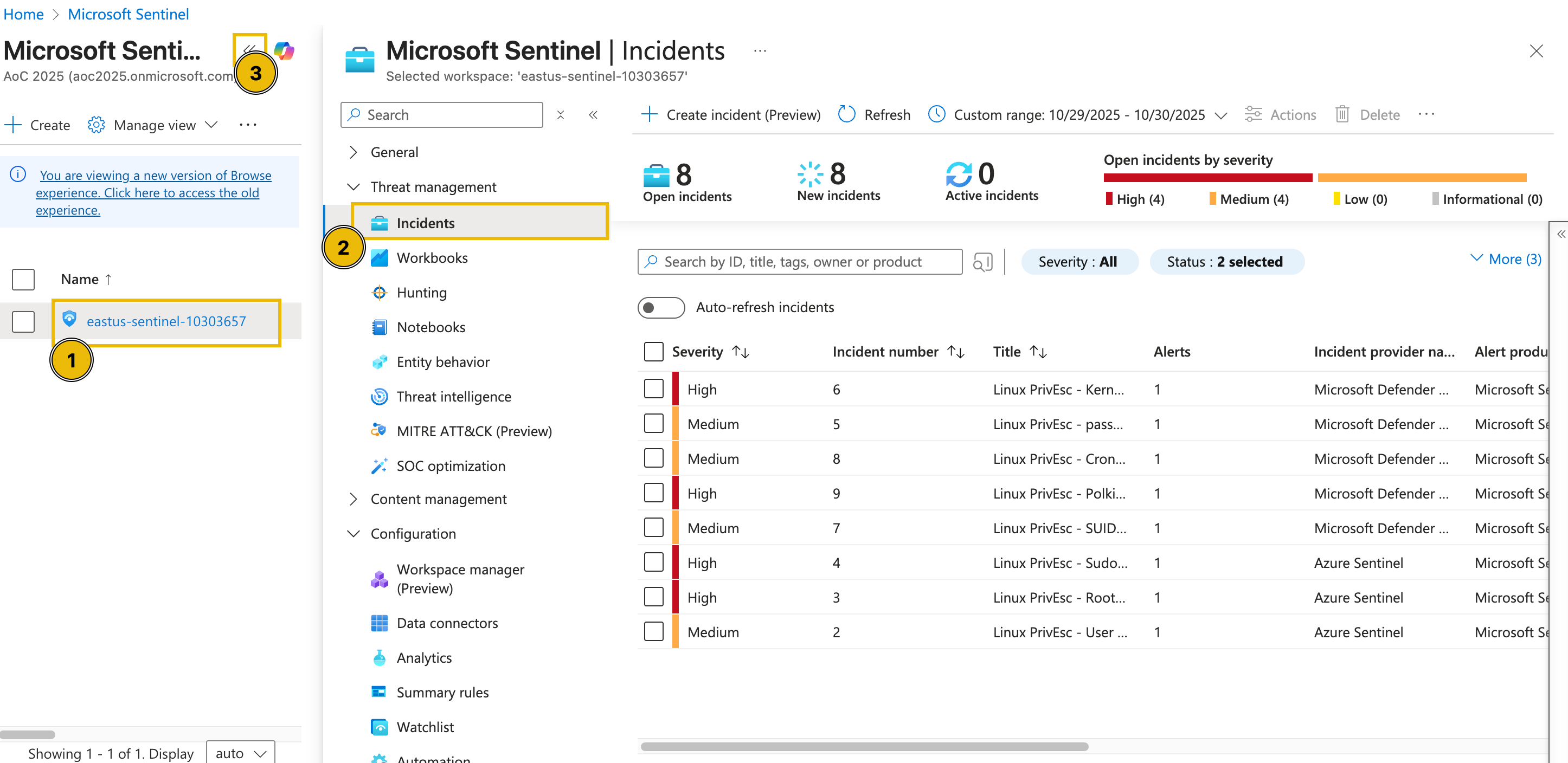 Microsoft Sentinel Incidents page.