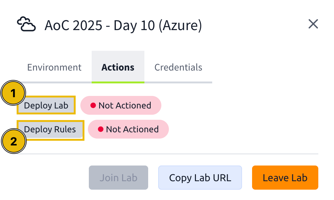Action buttons to deploy the lab and rules.