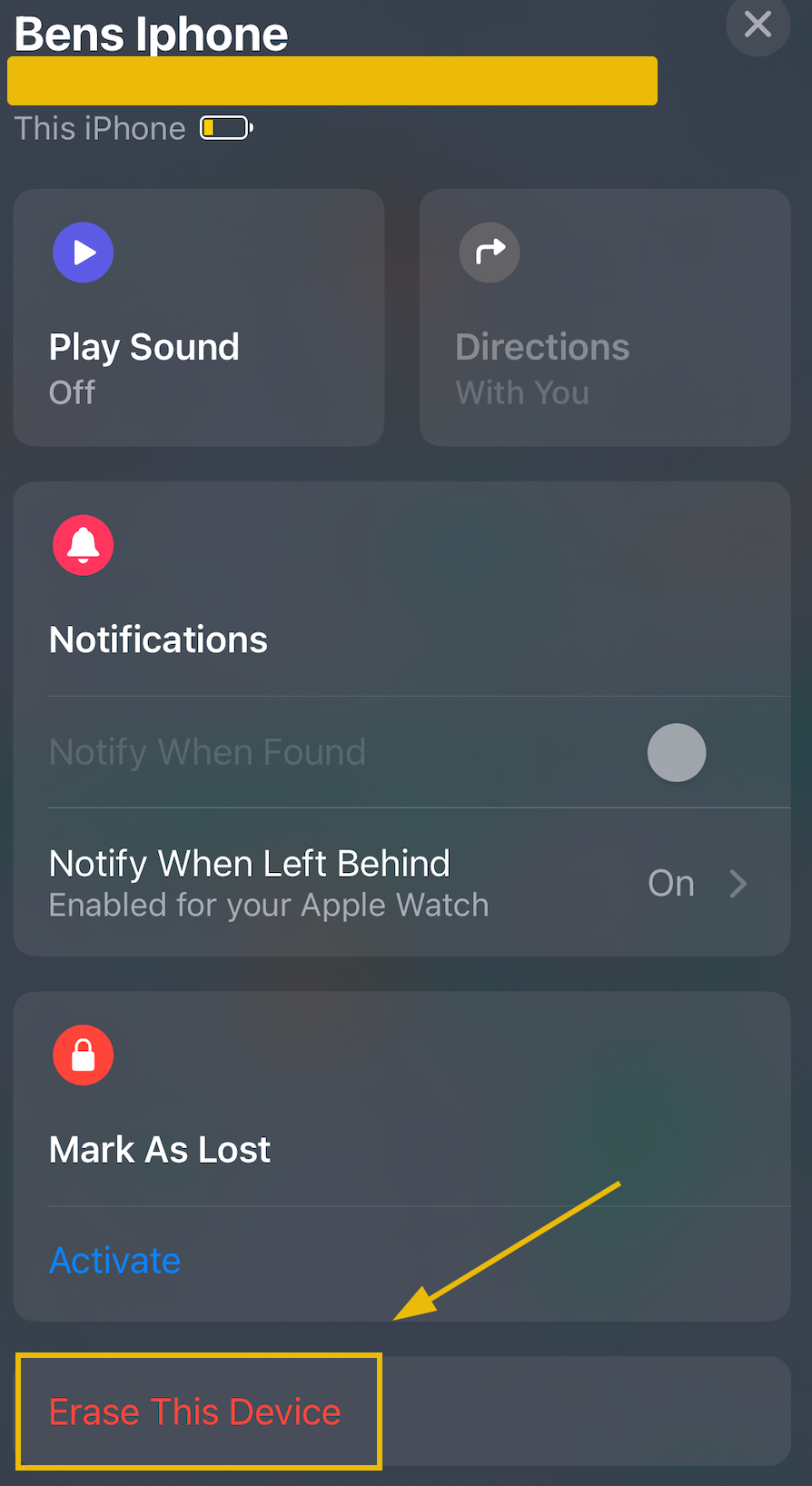 The FindMy feature of an iPhone, with a box and arrow highlighting Erase This Device.