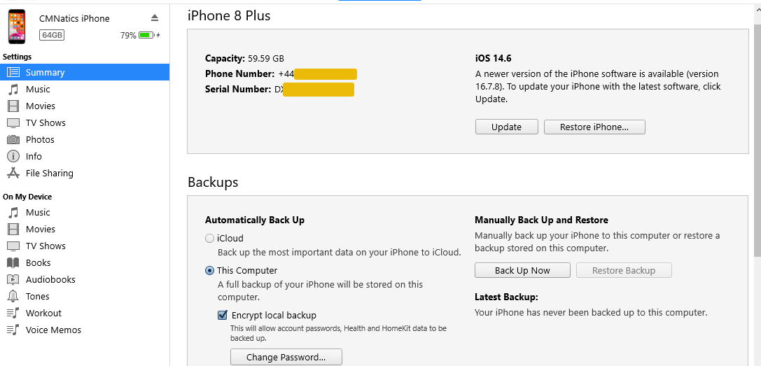 An illustration of the summary of the iPhone in itunes