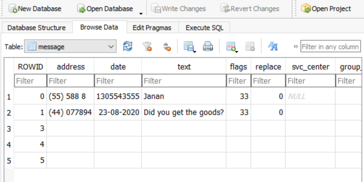 A view using an SQLite browser, displaying the calendar messages table, where two messsages are present as an example.