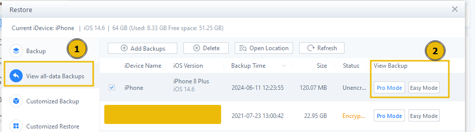 Selecting the customised backup option of 3UTools