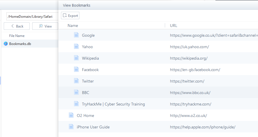 A view of Safaris Bookmarks that has been extracted from the iPhone