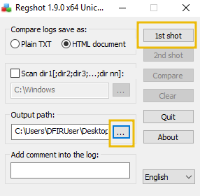 Configuring the output path and then creating our first registry snapshot