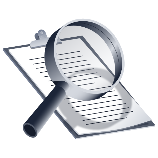 a piece of paper on a clipboard with a magnifying glass inspecting it.