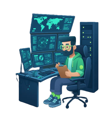 depicting a person sitting at a desk, with multiple monitors stacked on one another showing various cybersecurity and data iconograhpy such as a map, bar charts, etc.