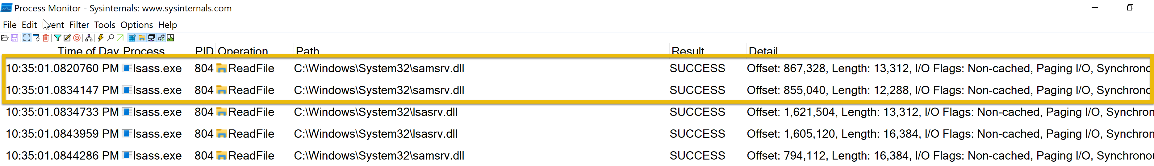 the image shows how to leverage the tool. Here, we filtered for the process lsass.exe to see information about it.