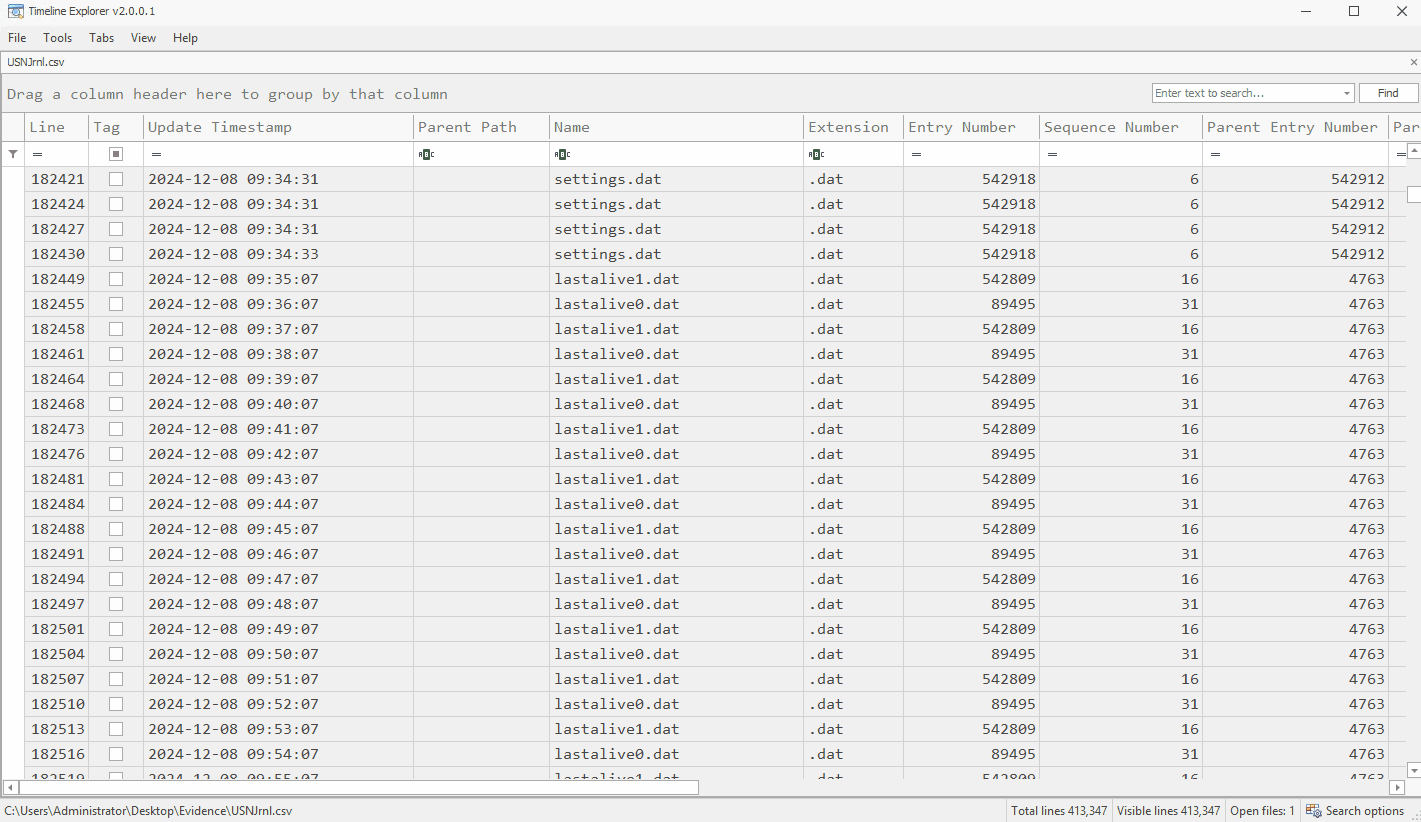 It shows the navigating of the $J output in Timeline Explorer tool