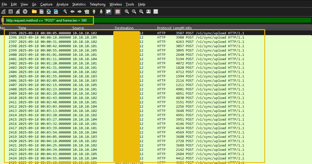 wireshark showing http traffic with frame length over 500.