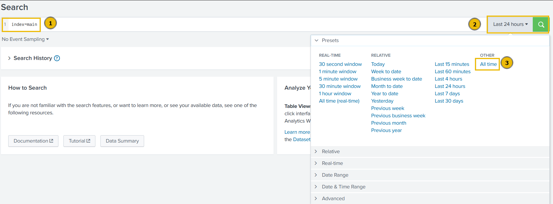 Splunk Search head interface showing the index=main results