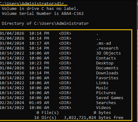 Shows output of dir command
