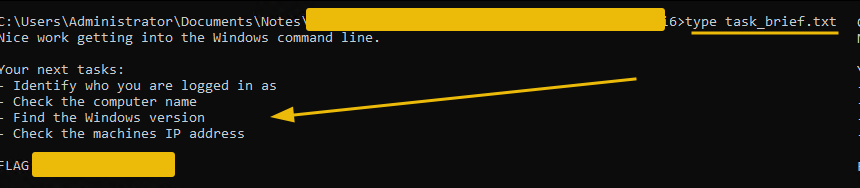 Shows the use of type command to read the file content