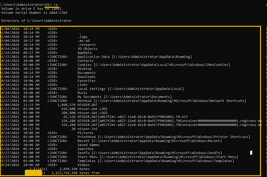 Shows output of dir/a command