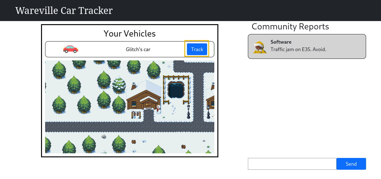 Reindeer Tracker app showing community reports and initiating to track a user's car.