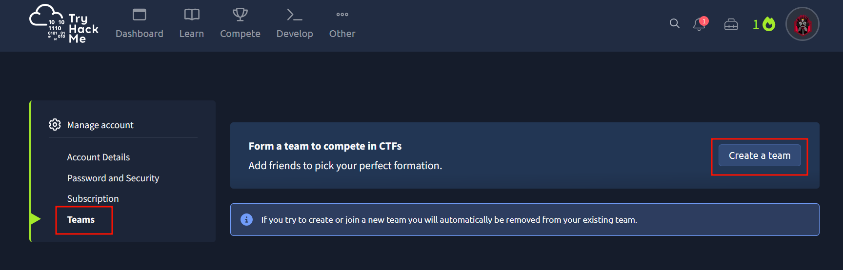 Image showing where the Create a team button is.