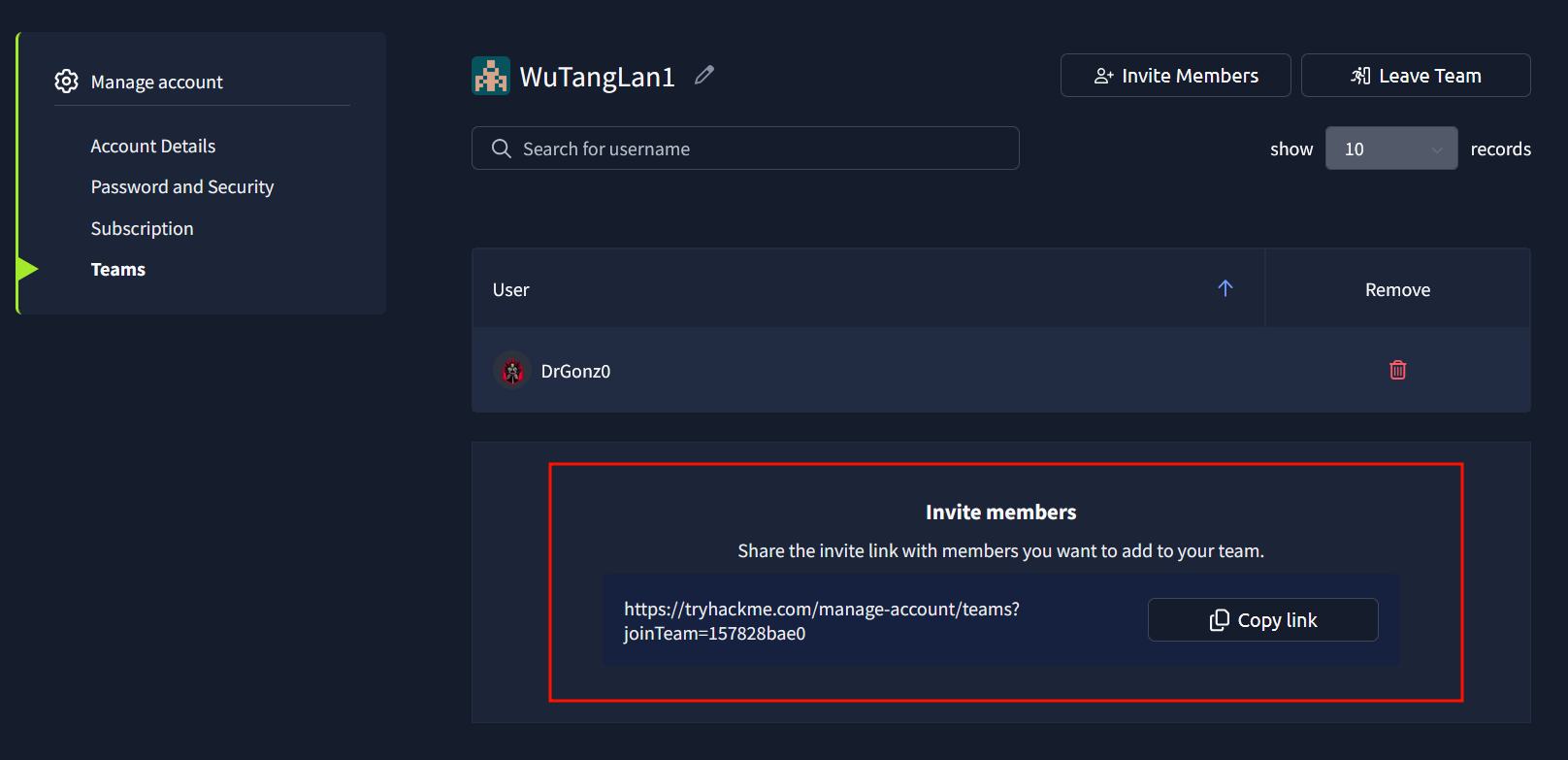 An image showing where the members invite link is located.