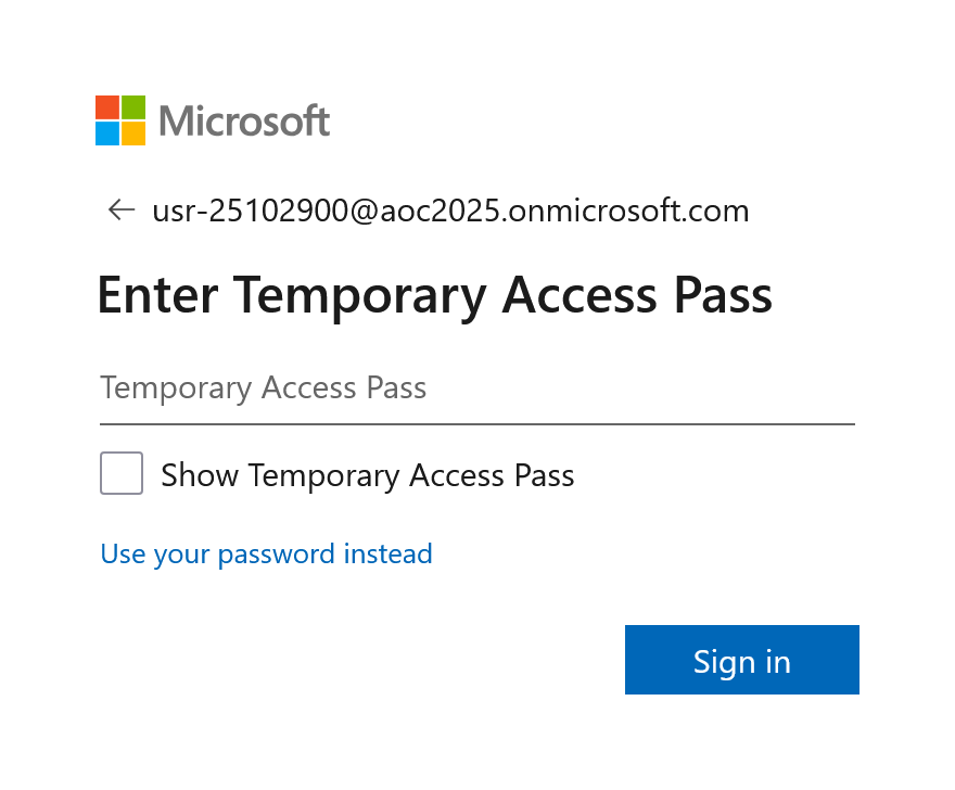 Login with Temporary Access Pass.