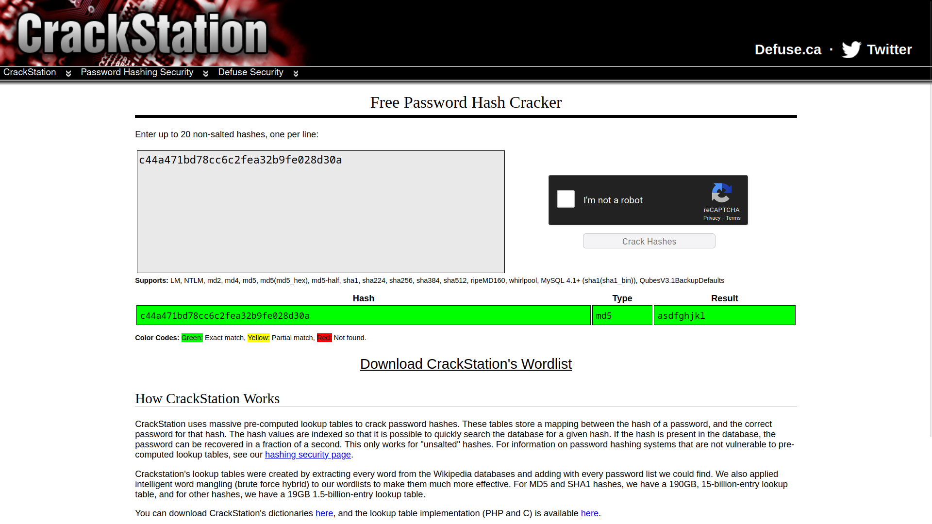 screenshot of using CrackStation to crack an MD5 hash value.
