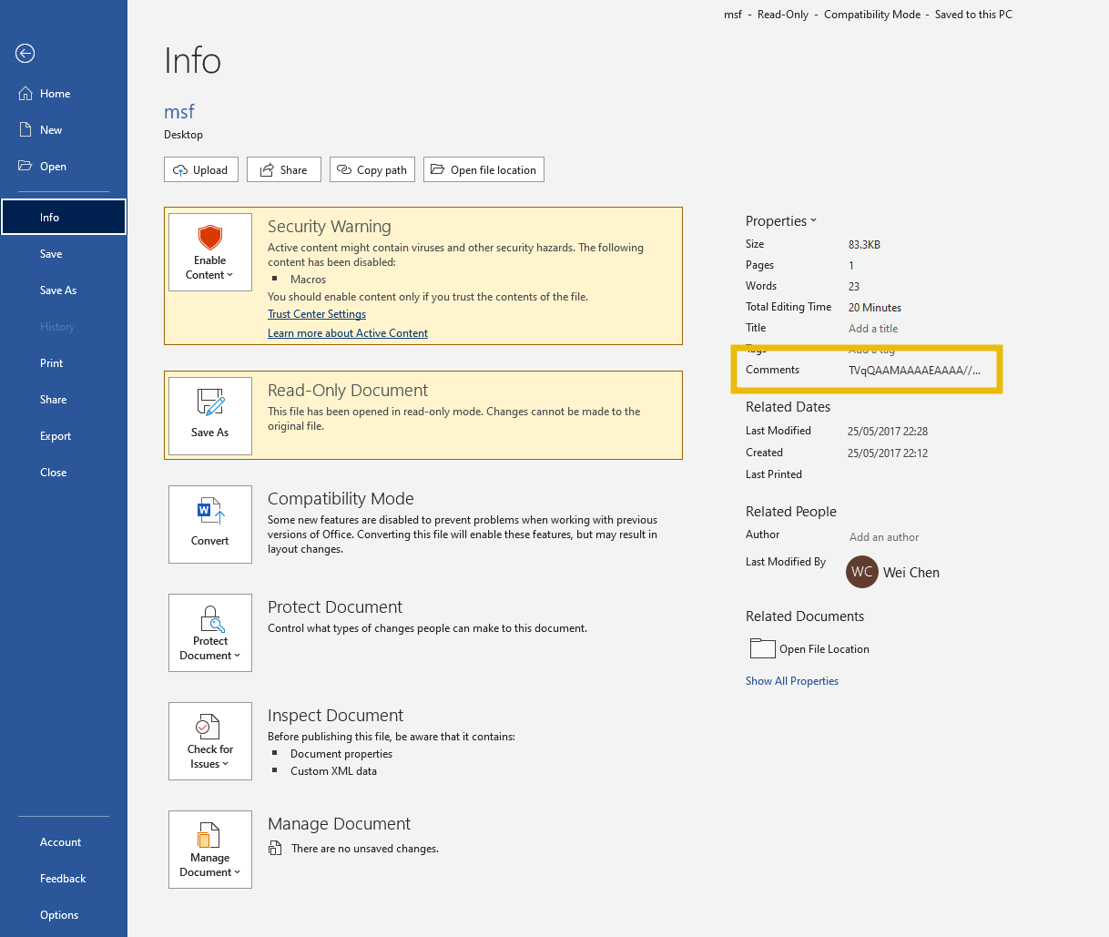 The Comments field in an MS Office document