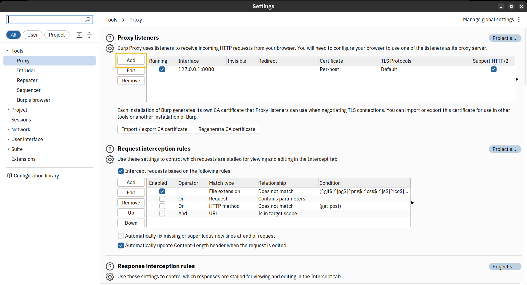 Burp Suite settings window open on the Proxy settings. A yellow box highlights a button labelled “Add” under the Proxy listeners section.