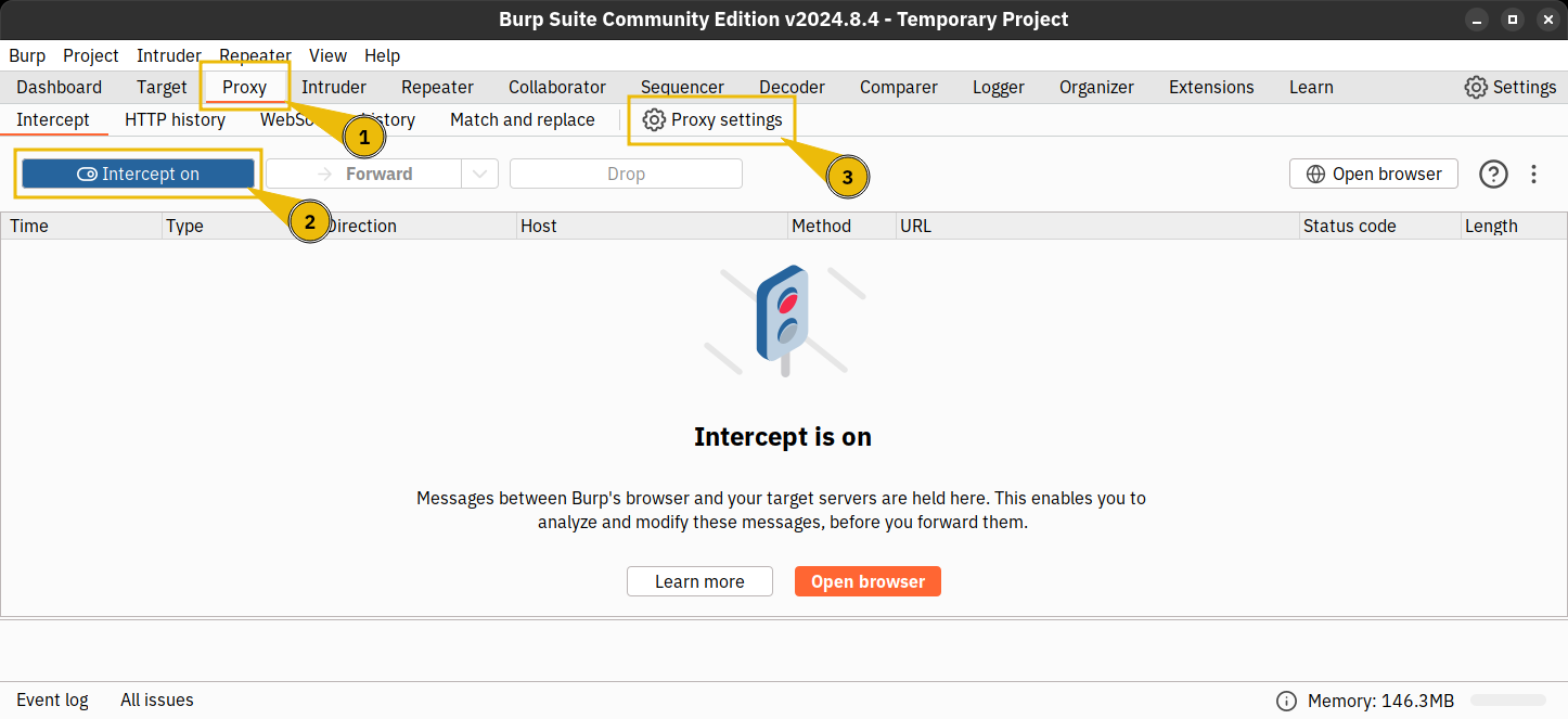 Burp Suite window. Three numbered yellow boxes highlight the following: 1-the Proxy tab; 2-an Intercept On button; 3-a Proxy Settings menu.