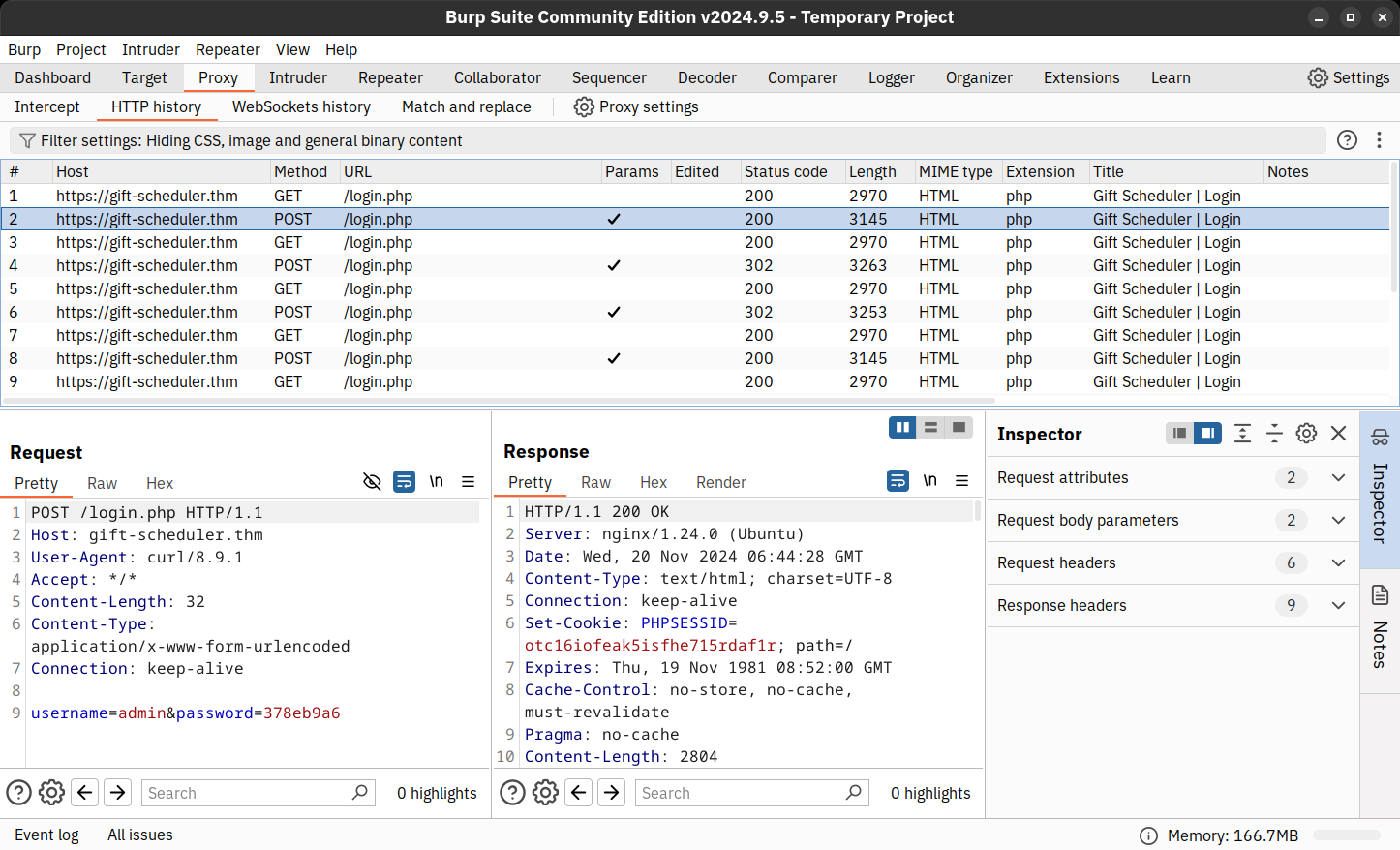 HTTP history with some requests, one GET open.