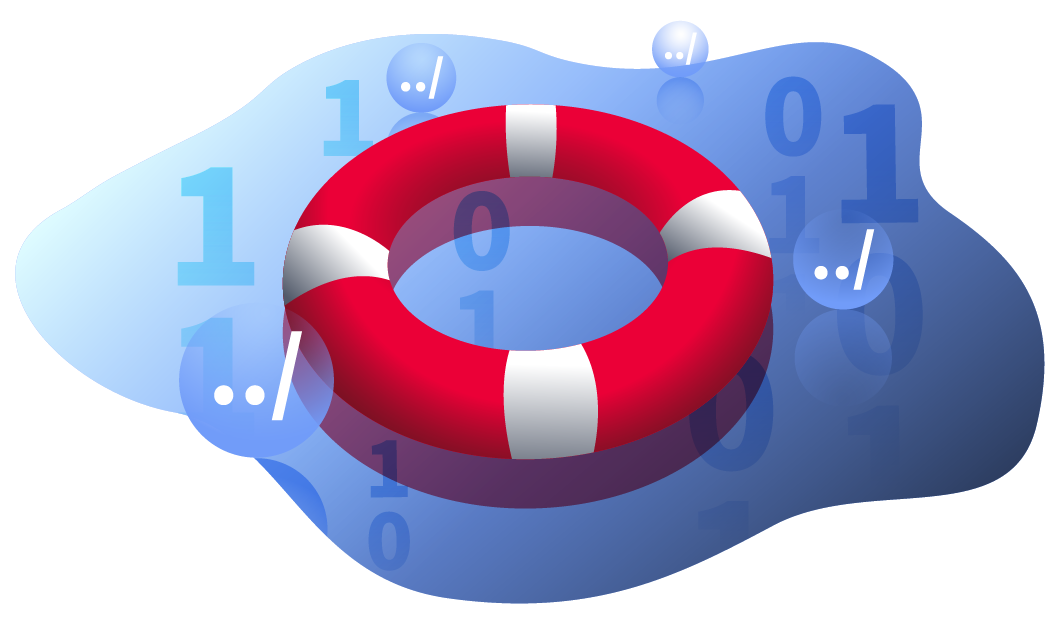 A rescue tyre flows in water of zeroes and one with bubbles of parent directory links.