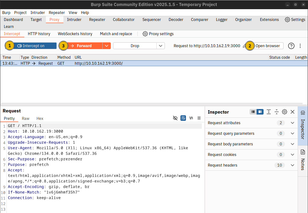 Locate the three buttons to turn on Intercept, open the browser, and forward the HTTP request.