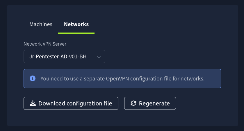 Under the Networks tab, you need to choose Jr-Pentester-AD-v01-BH and click the Download configuration file button.