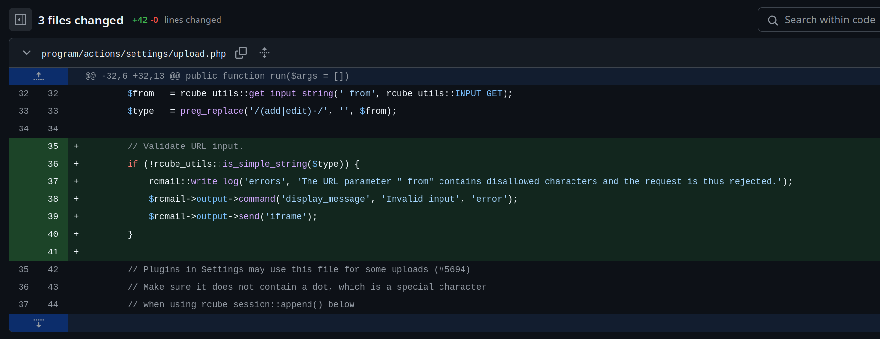 Screenshot of a code diff in a Git interface showing a new input validation block added to the upload.php file in Roundcube. The inserted PHP code validates a sanitized URL parameter called _from using rcube_utils::is_simple_string(). If invalid, it logs an error and sends an error message to the client.