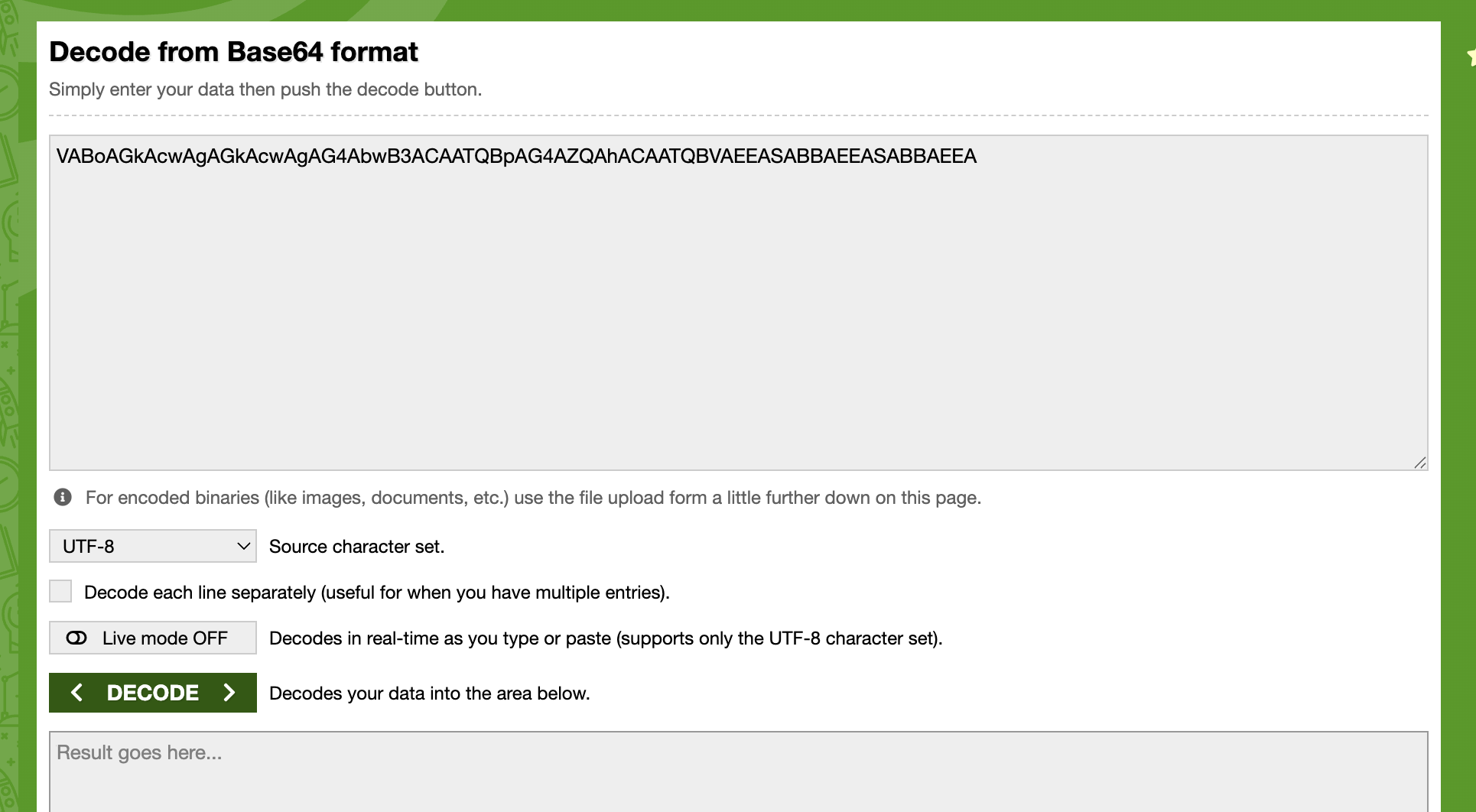 Using www.base64decode.org to decode a base64 string.