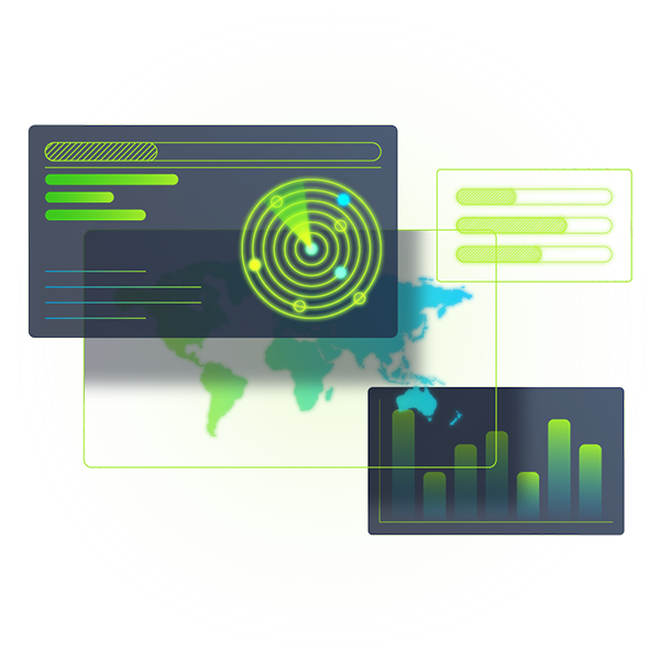 Stylized digital dashboard interface showing a radar screen, bar chart, and map overlay, suggesting global network or cybersecurity monitoring.