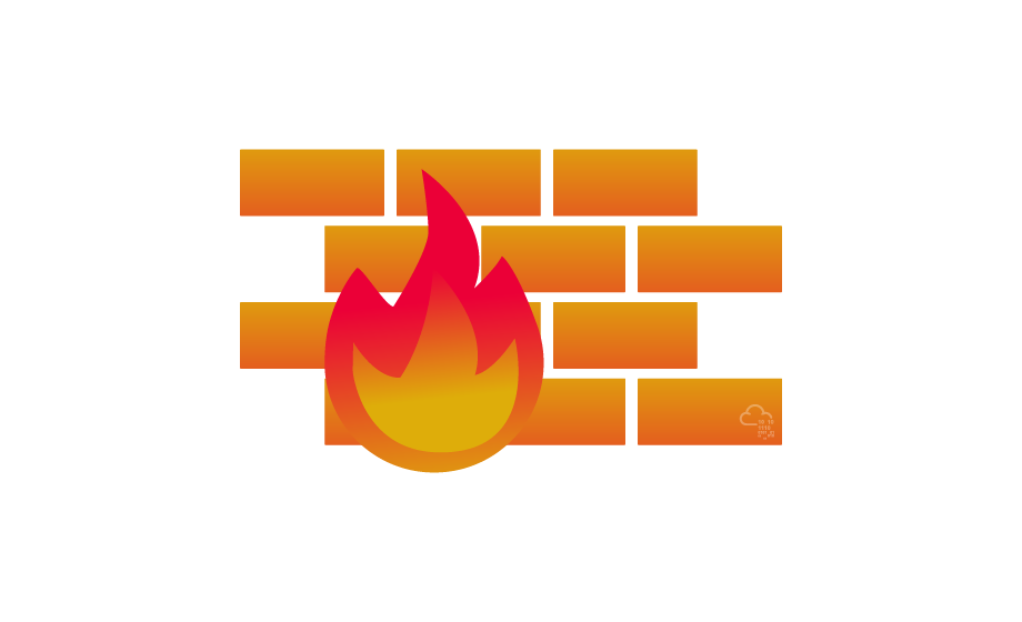 Illustration of a brick wall with a flame icon, representing a network firewall.