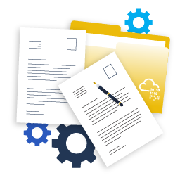 Illustration of documents, a folder, and gears, representing system configuration processes.