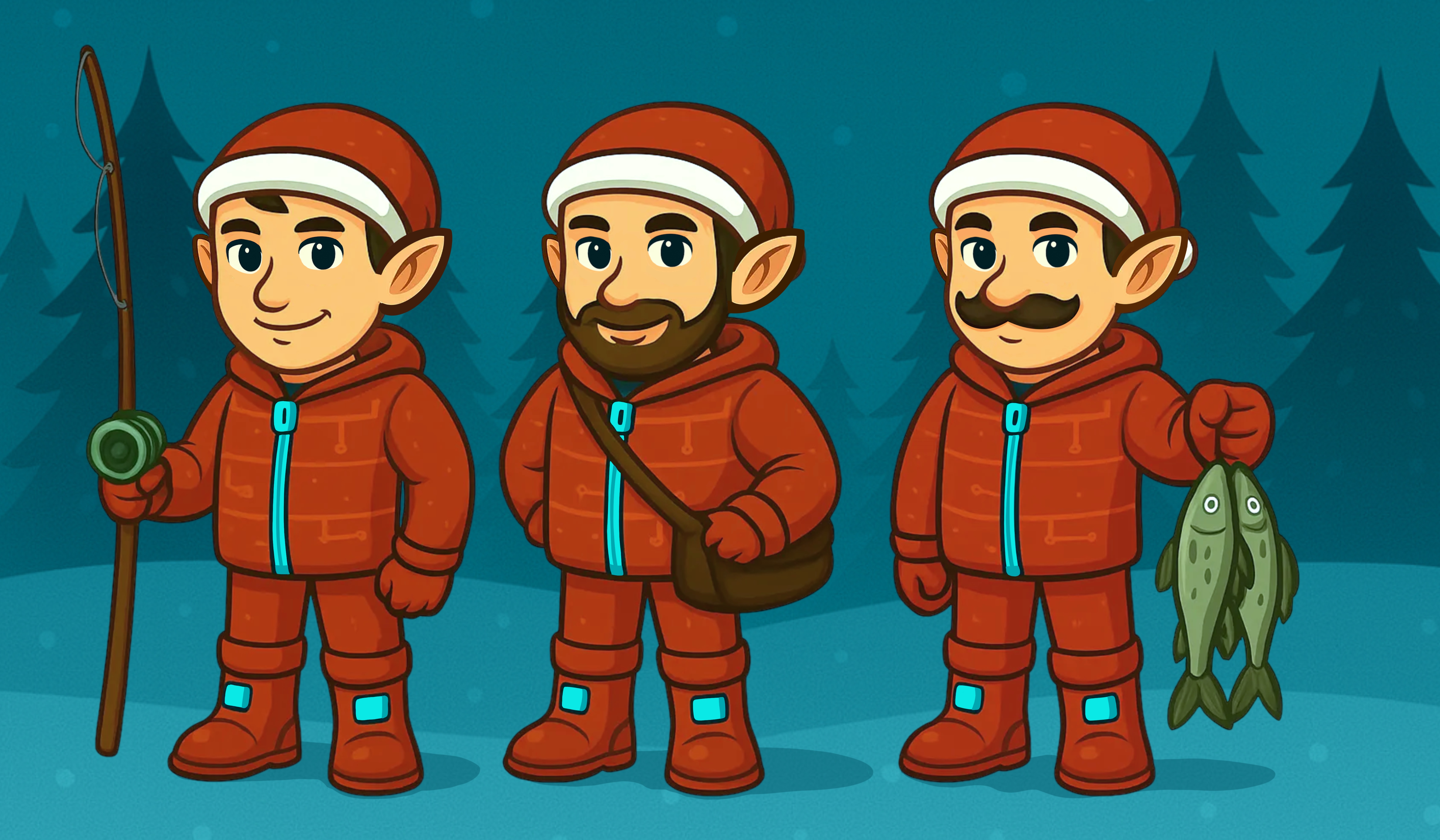 Three cartoon elves dressed in red winter outfits stand in a snowy forest. The elf on the left holds a fishing rod, the middle elf has a satchel over his shoulder, and the elf on the right holds two fish.