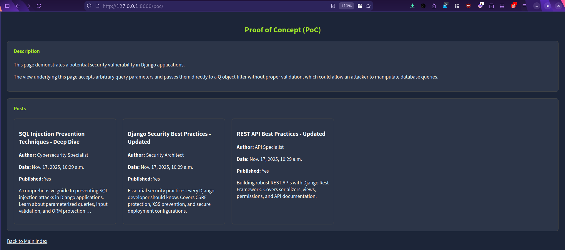 Screenshot of a web page showing a Django security vulnerability demonstration and three posts.