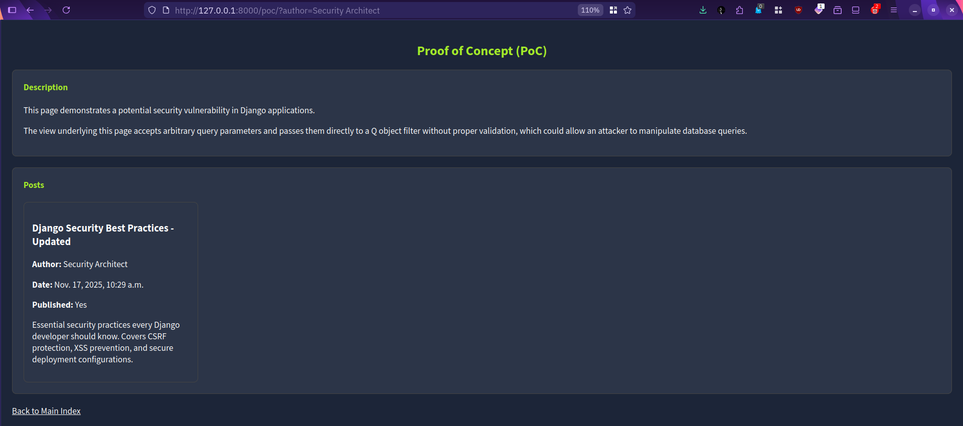 Screenshot of a web page showing a Django security vulnerability demonstration and one post.