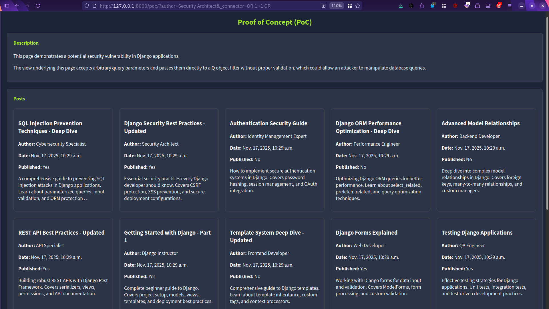 Screenshot of a web page showing a Django security vulnerability demonstration and all blog posts
