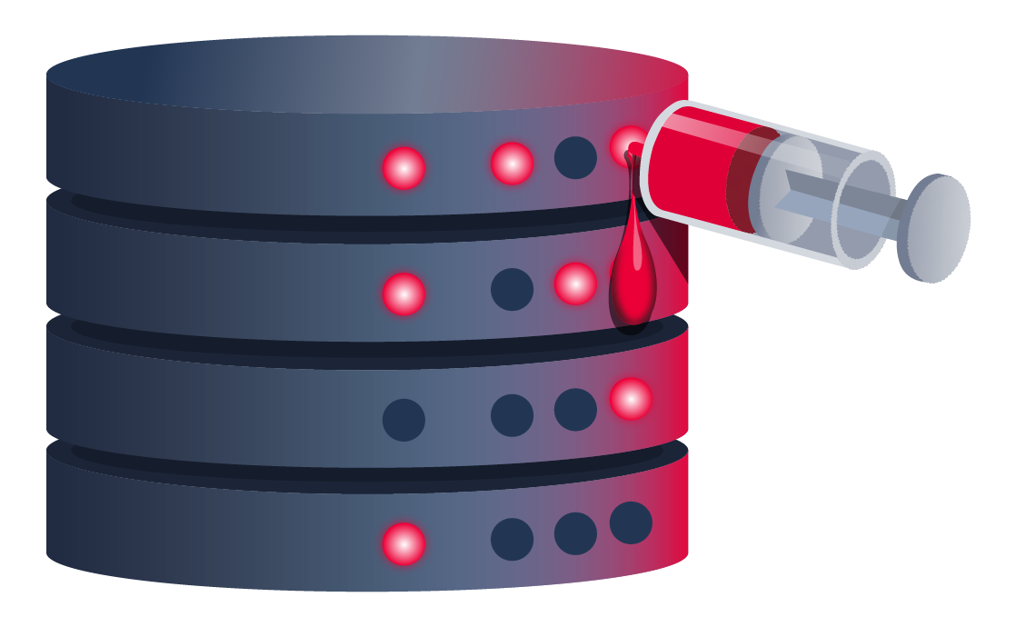 Illustration of a syringe injecting red fluid into a database server icon, symbolizing a SQL injection attack compromising the integrity of the database.