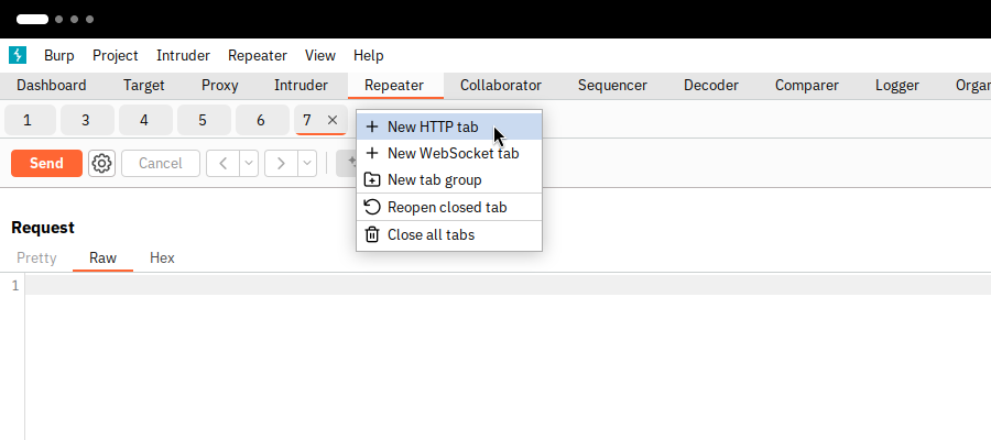 After you start Burp Suite, go to the Repeater tab and click on the Plus button under Repeater and choose New HTTP tab.