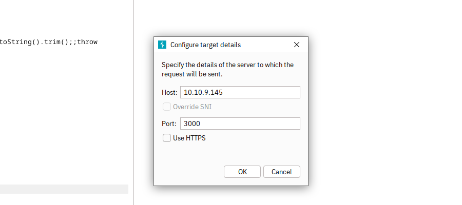 Set the host to target VM IP, port to 3000, and clear the checkbox near Use HTTPS.