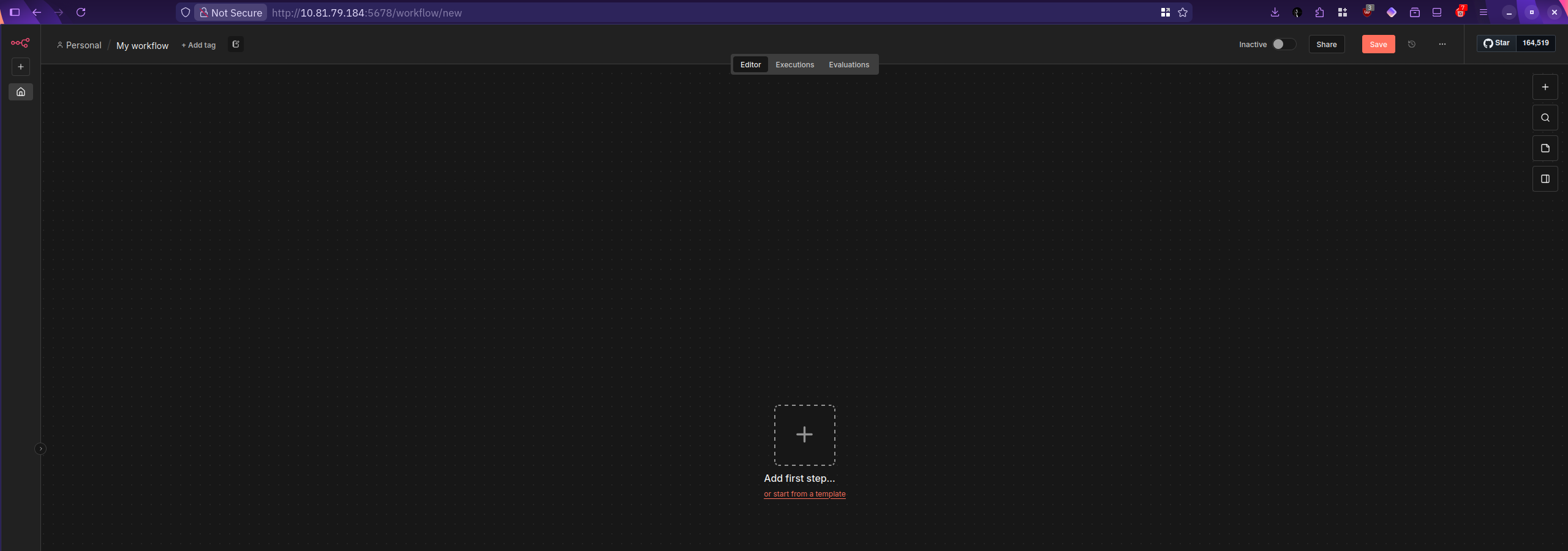 n8n showing Add first step