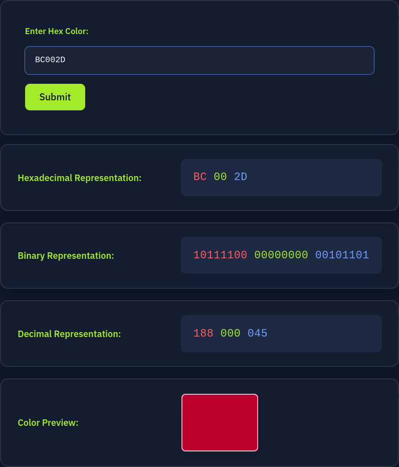 Color representation in binary, decimal, and hexadecimal systems.