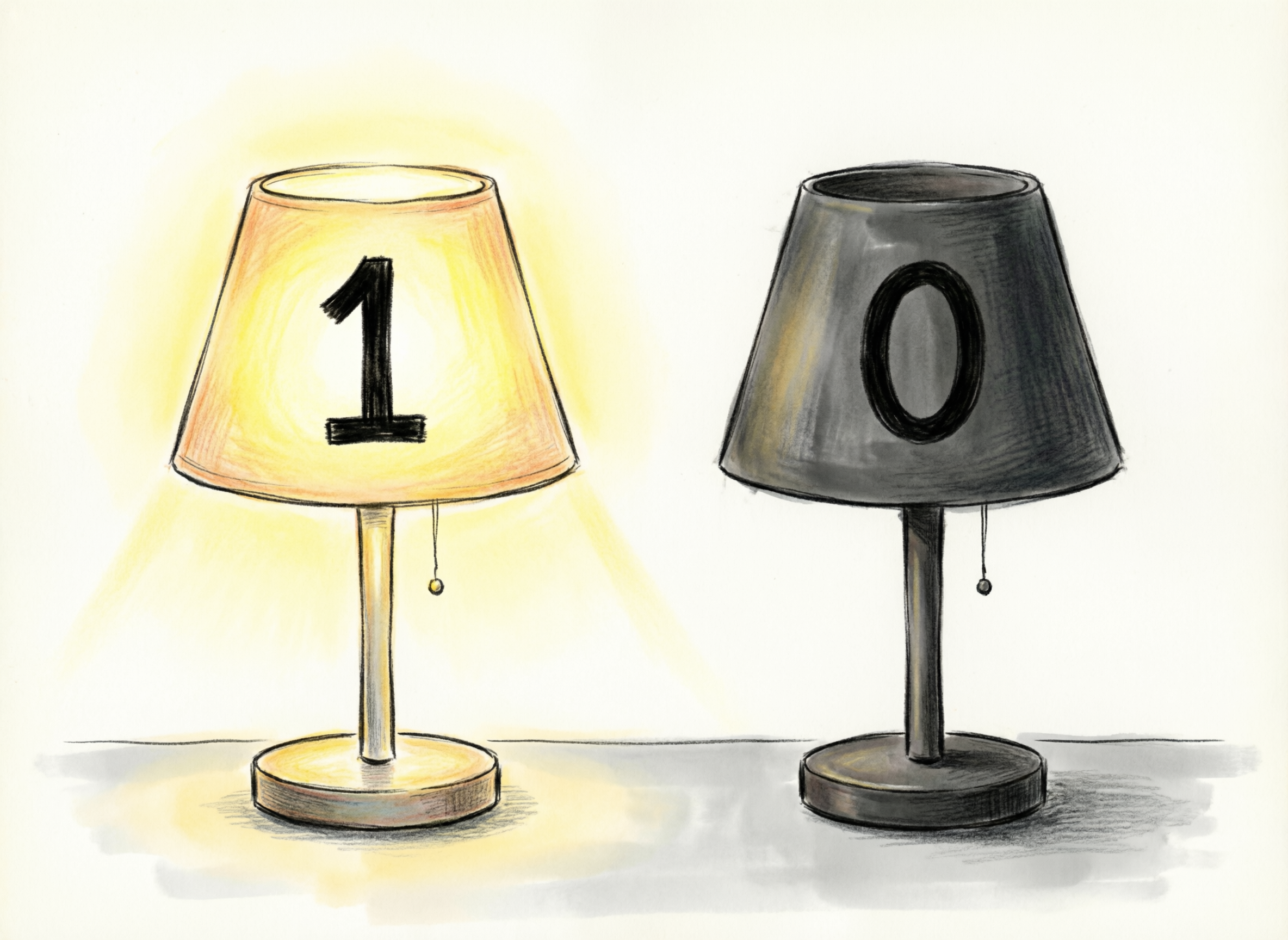 One lamp is on with 1 written on it. The other is off with 0 written on it.