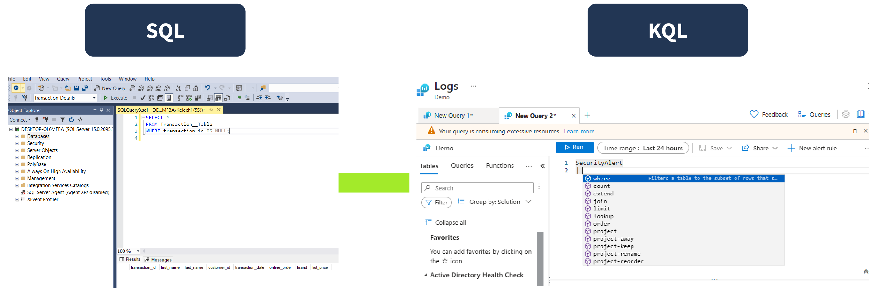 Comparison between SQL and KQL query interfaces.