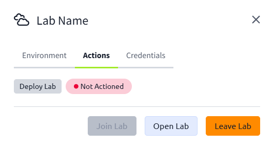 Lab instruction display three tabs: Environment, Actions (selected), and Credentials. Buttons include Deploy Lab, Join Lab (disabled), Open Lab, and Leave Lab. Status shows Not Actioned in red.