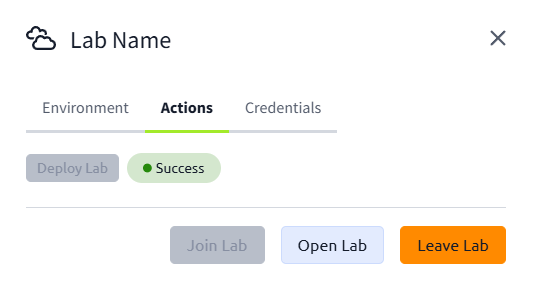 Lab instruction displays three tabs: Environment, Actions (selected), and Credentials. Buttons include Deploy Lab, Join Lab (disabled), Open Lab, and Leave Lab. Status shows success in green.