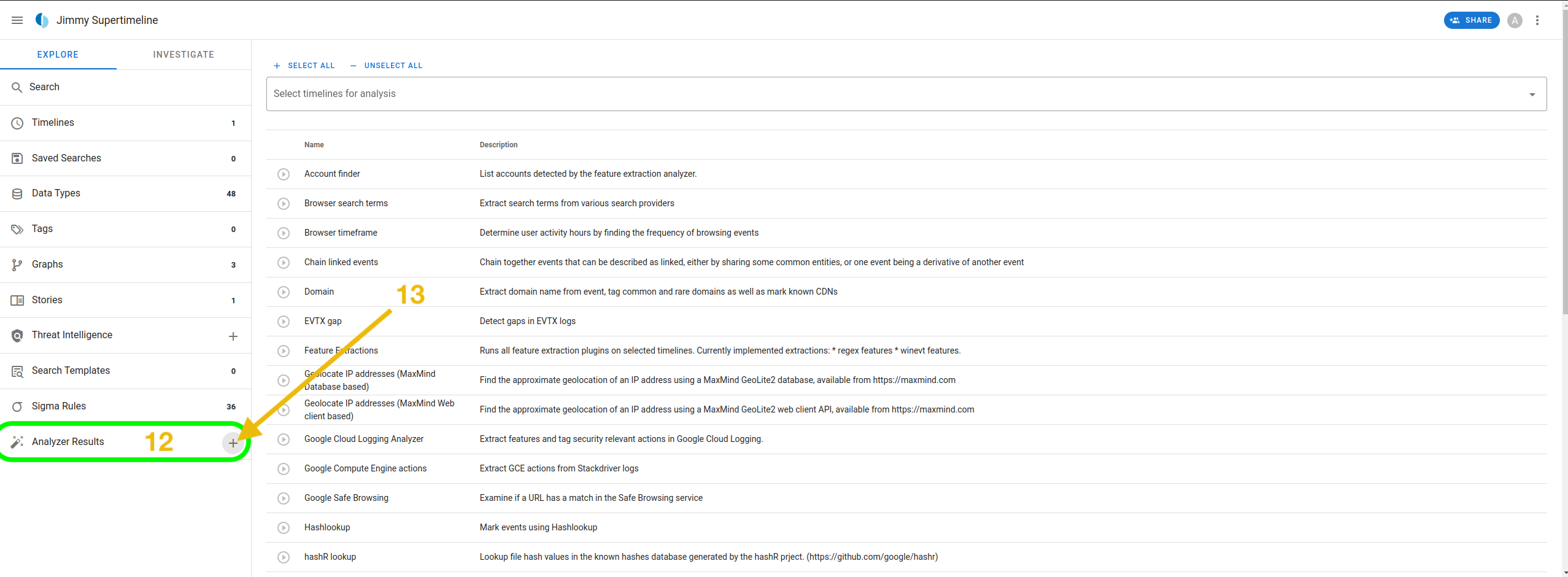 Showcasing the list of analyzers available.