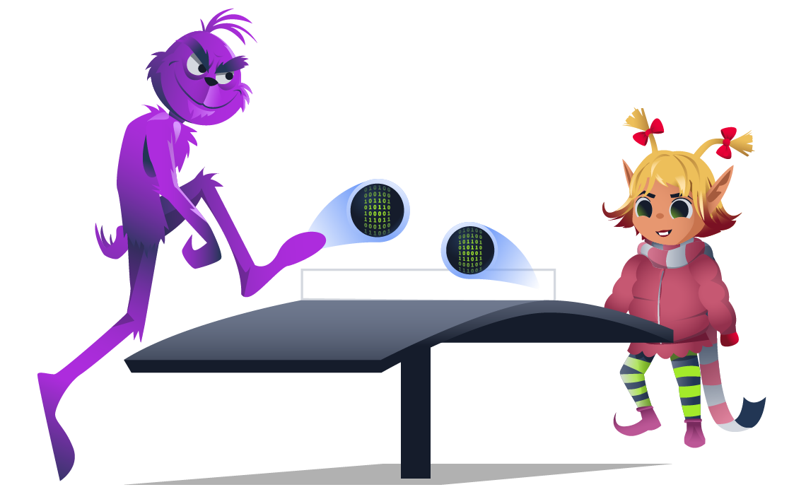 Glitch and McSkidy simulating a communication channel using a game of foot-volley.